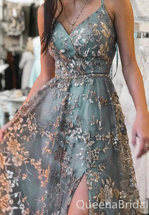 Gorgeous Lace up Back Side Slit Lace Appliques A-line Long Party Dress Prom Dresses ,WGP1816