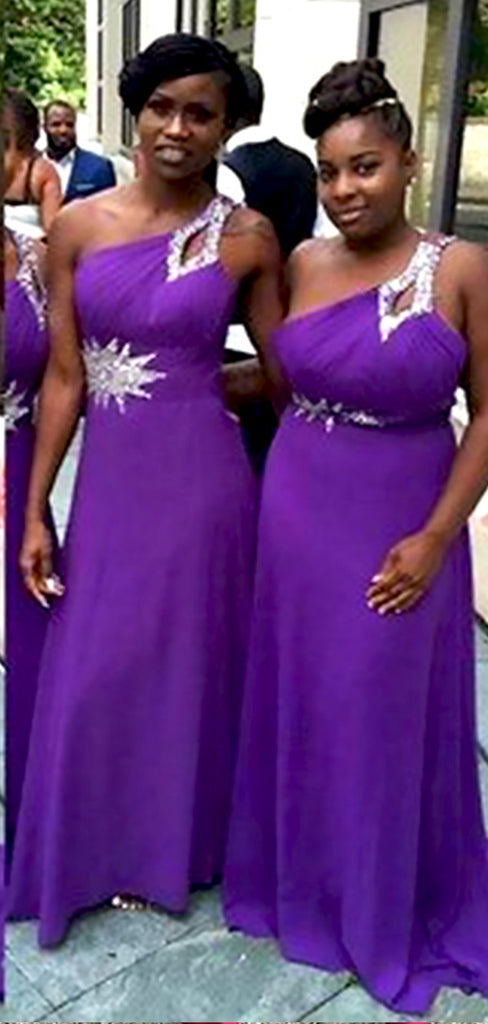 Elegant Purple Chiffon One Shoulder Beading Mermaid Simple Long Cheap Bridesmaid Dresses, BDS0193