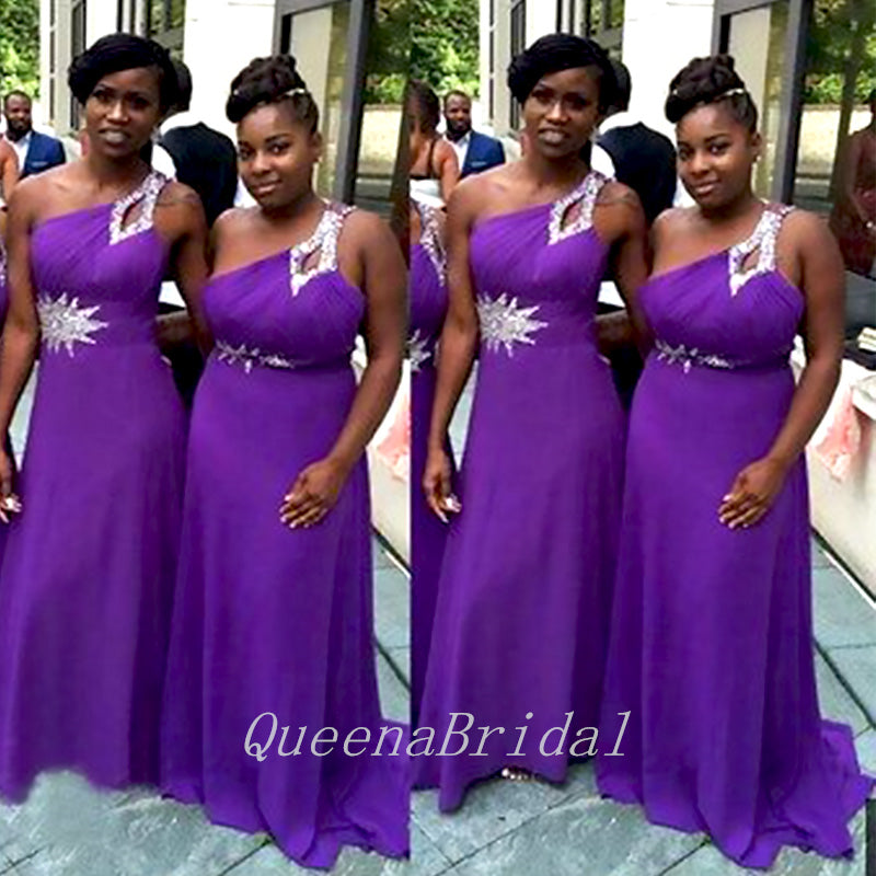 Elegant Purple Chiffon One Shoulder Beading Mermaid Simple Long Cheap Bridesmaid Dresses, BDS0193