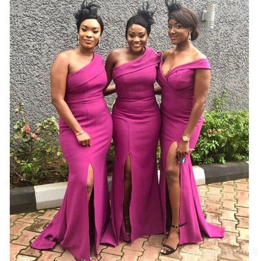Mismached Pink One Shoulder Mermaid Side Slit Long Cheap Bridesmaid Dresses,BDS0167