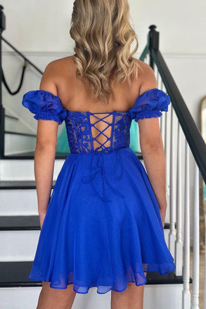 Elegant Royal Blue Lace Appliques Illusion Off Shoulder A-Line Cheap Simple Short Homecoming Dresses, QB0406