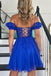 Elegant Royal Blue Lace Appliques Illusion Off Shoulder A-Line Cheap Simple Short Homecoming Dresses, QB0406