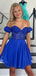 Elegant Royal Blue Lace Appliques Illusion Off Shoulder A-Line Cheap Simple Short Homecoming Dresses, QB0406