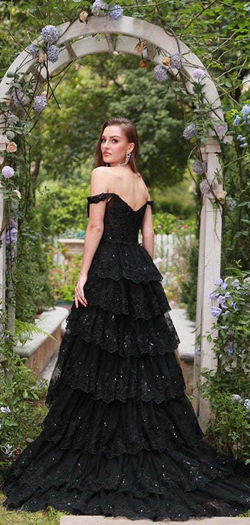 Sexy Asymmetrical Black Off shoulder Sequin Ruffles  A-Line Long Prom Dresses,WGP427
