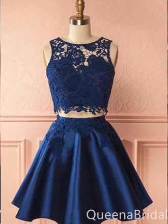 Two Pieces O-neck A-line Navy Blue Lace Appliques Graduation Party Short Homecoming Dresses,QB0747