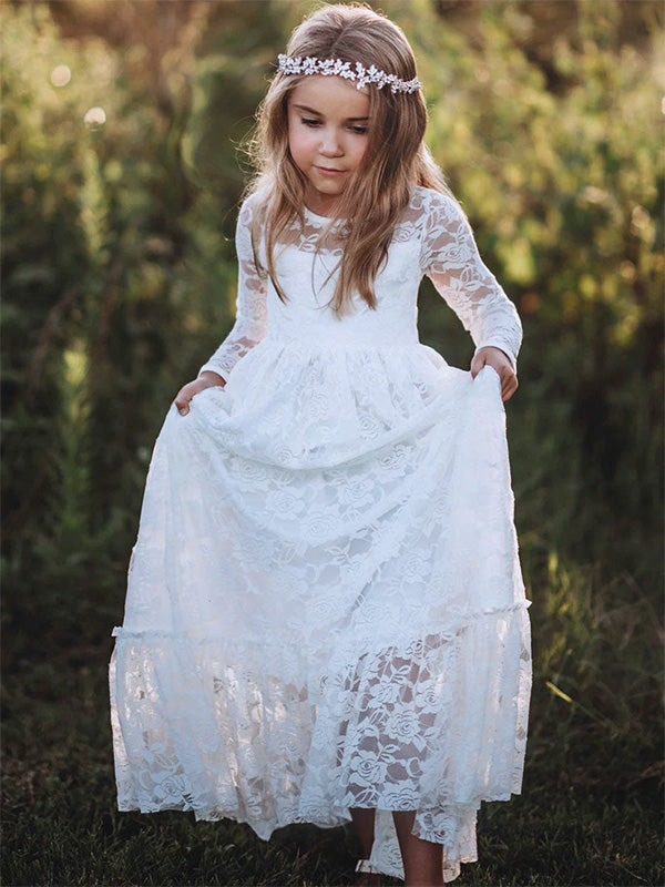 Cute White Tulle Lace A- Line Long Sleeve Appliques Cheap Flower Girl Dresses, FGS0030