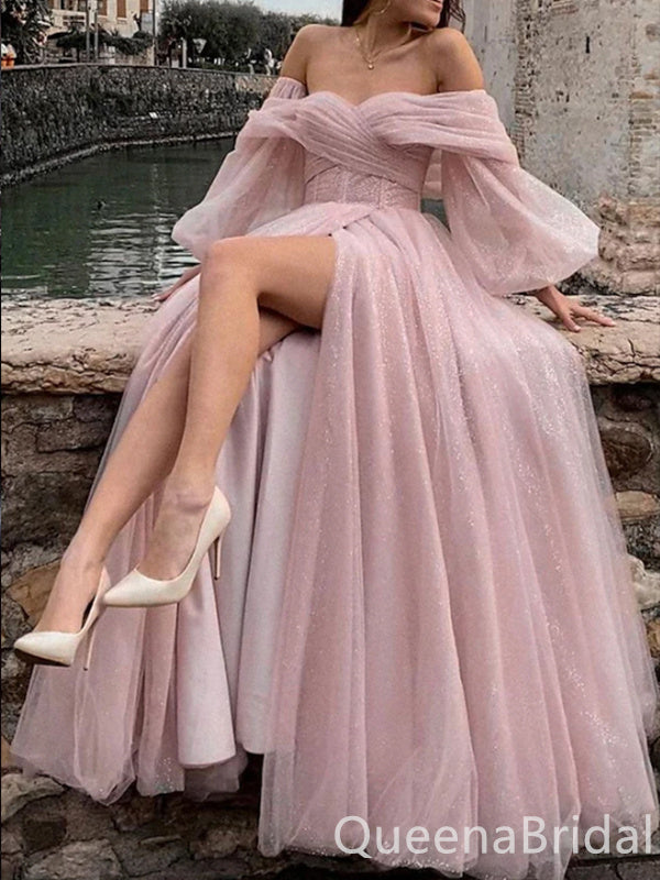 Sexy Sparkly Off-the-shoulder Long Sleeves Sweetheart Tulle A-line Evening Gown Long Formal Dresses Prom Dresses with Side Slit ,WGP779