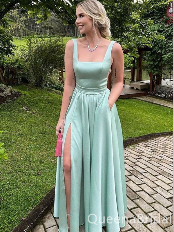 Elegant Mint Green Square Neck Floor Length A-line Evening Gown Prom Dresses with Side Slit,WGP598