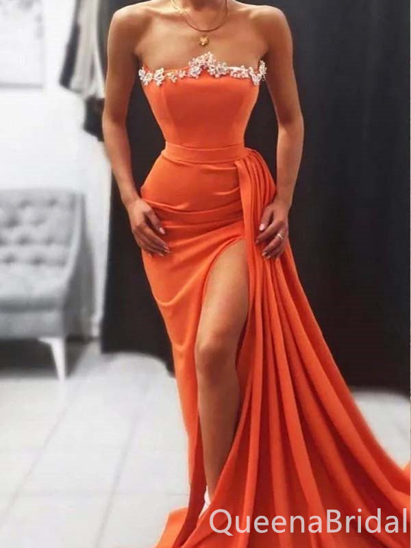 Gorgeous Sexy Strapless Sheath High Slit Appliques Evening Gown Long Prom Dresses with Pleats,WGP717