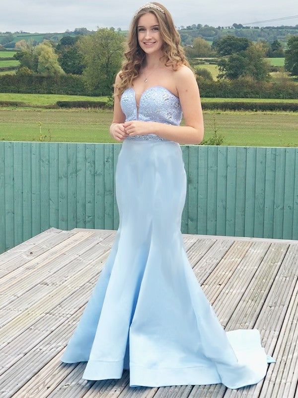 Elegant Sky Blue Deep V Neck Strapless Beading Floor Length Mermaid Evening Gown Prom Dresses ,WGP599