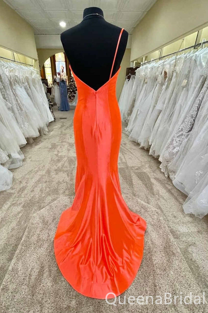 Sexy Orange Single Spaghetti Straps Evening Gown Maxi Long Formal Dresses Prom Dresses with High Slit ,WGP873