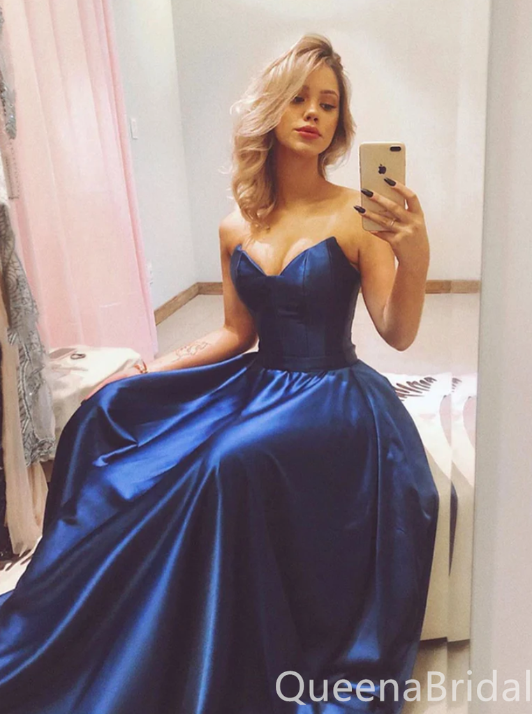 Sexy Blue A-line Sweetheart Strapless Evening Gown Long Prom Dresses with Pleats,WGP698