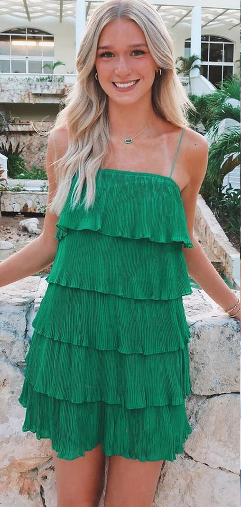 Elegant Green Column Short Homecoming Dresses with Ruffles, QB0563