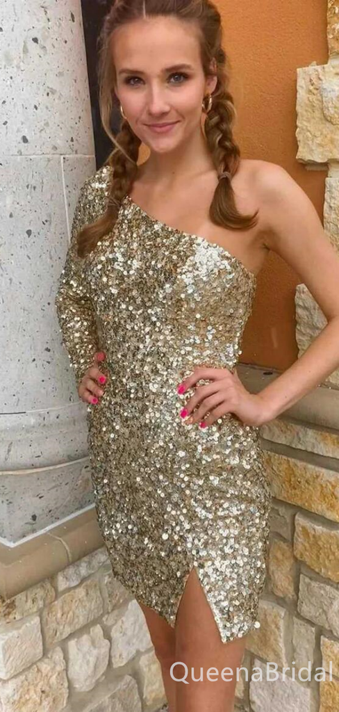 Mermaid One Shoulder Single Long Sleeve Sparkle Tight Graduation Party Short Homecoming Dresses ,QB0733