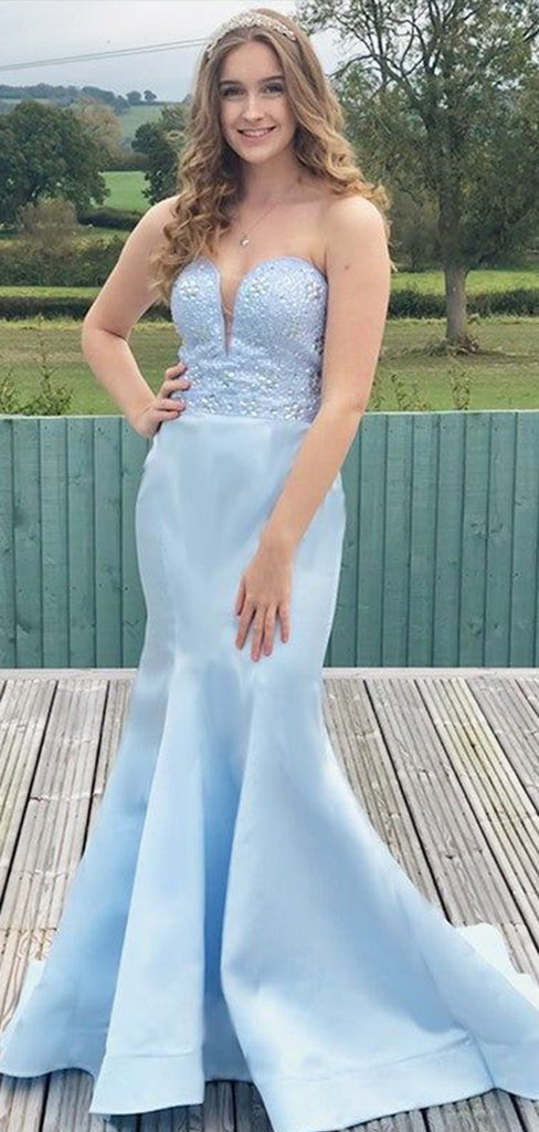 Elegant Sky Blue Deep V Neck Strapless Beading Floor Length Mermaid Evening Gown Prom Dresses ,WGP599