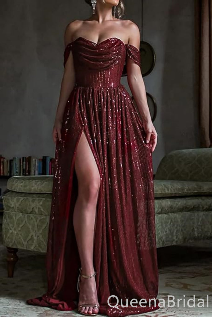 Sparkle Burgundy Off-the-shoulder A-line Evening Gown Long Evening Party Prom Dresses ,WGP1236