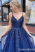 Gorgeous Blue V Neck Lace Appliques A-line Long Party Dress Prom Dresses ,WGP1817