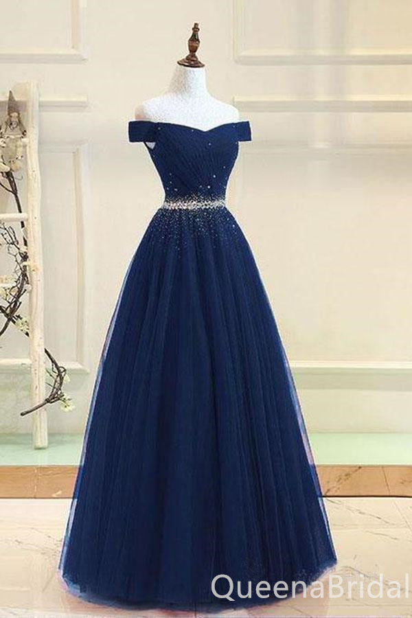 Stylish Navy Blue Off Shoulder Beaded A-line Long Party Dress Prom Dresses ,WGP1819