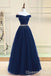 Stylish Navy Blue Off Shoulder Beaded A-line Long Party Dress Prom Dresses ,WGP1819