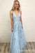 Elegant Light Blue V Neck Lace Appliques A-line Long Party Dress Prom Dresses ,WGP1823