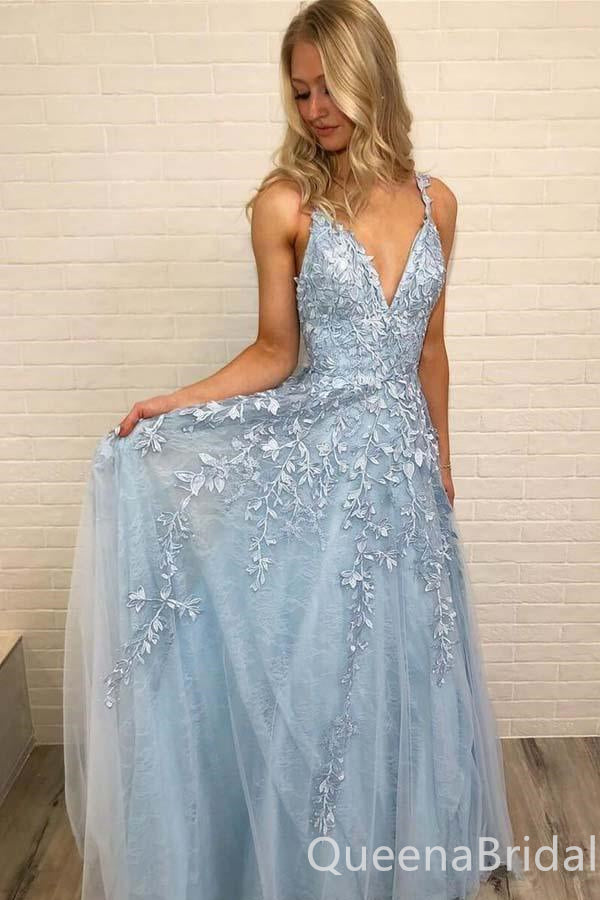 Elegant Light Blue V Neck Lace Appliques A-line Long Party Dress Prom Dresses ,WGP1823