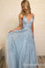 Elegant Light Blue V Neck Lace Appliques A-line Long Party Dress Prom Dresses ,WGP1823