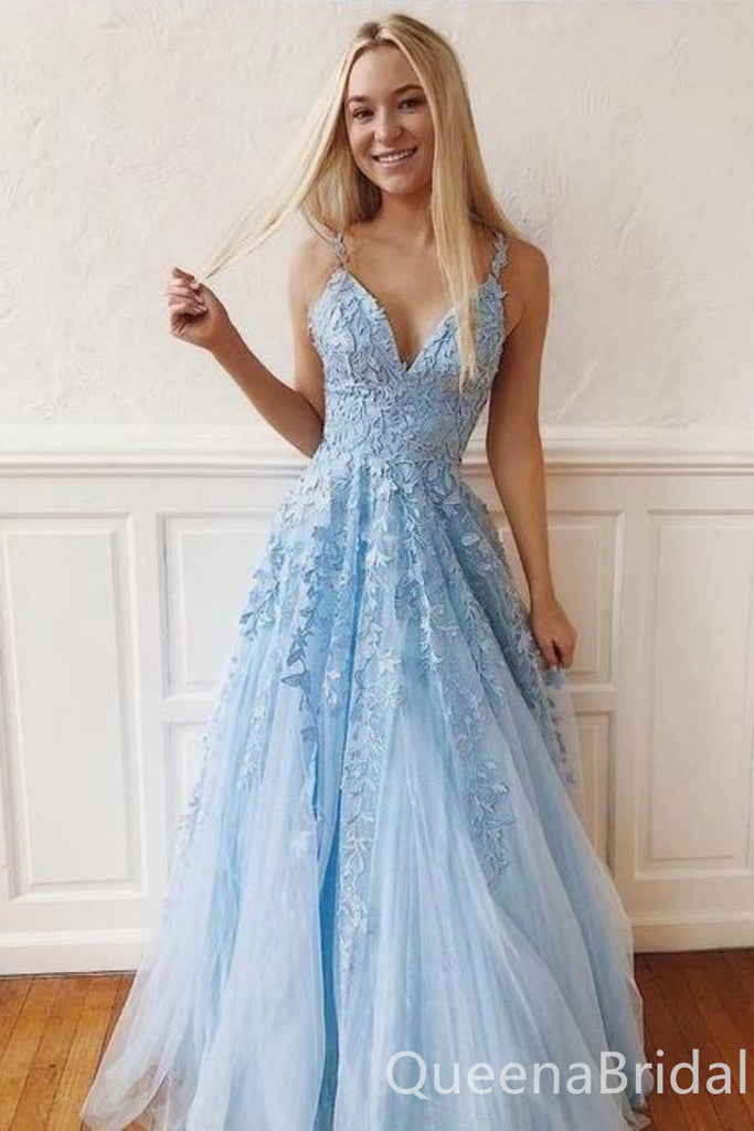 Elegant Light Blue V Neck Lace Appliques A-line Long Party Dress Prom Dresses ,WGP1823