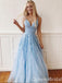 Elegant Light Blue V Neck Lace Appliques A-line Long Party Dress Prom Dresses ,WGP1823