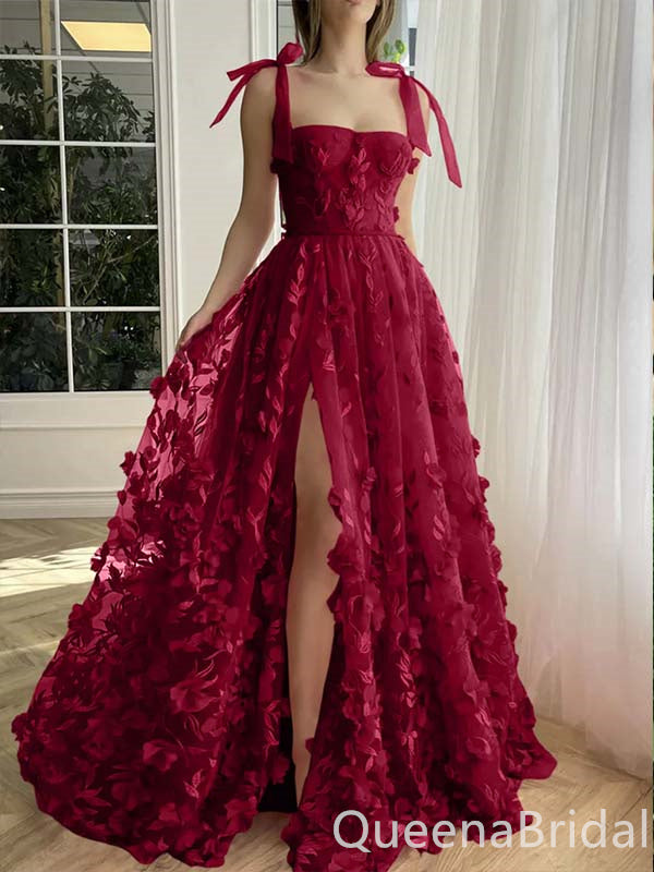 Elegant Sexy Fluffy Leaf Appliques Strapless A-line High Slit  Evening Gown Long Prom Dresses,WGP718