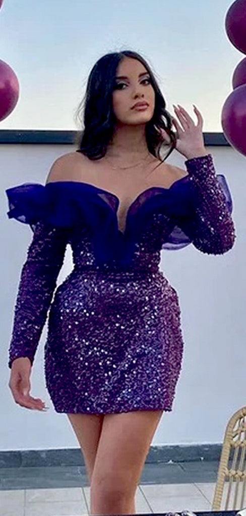 Sexy Purple Ruffle Off Shoulder Sequin Tulle Long Sleeves Short Homecoming Dresses, QB0376