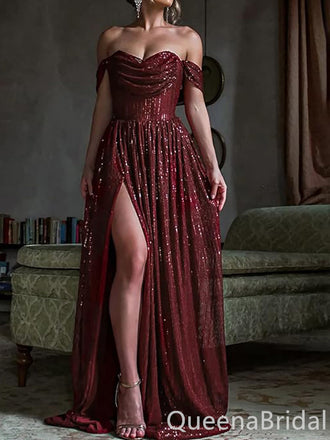 Sparkle Burgundy Off-the-shoulder A-line Evening Gown Long Evening Party Prom Dresses ,WGP1236