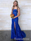 Sexy Dark Blue Lace Appliques Tulle Strapless Side Slit Mermaid Long Evening Prom Dresses,WGP498