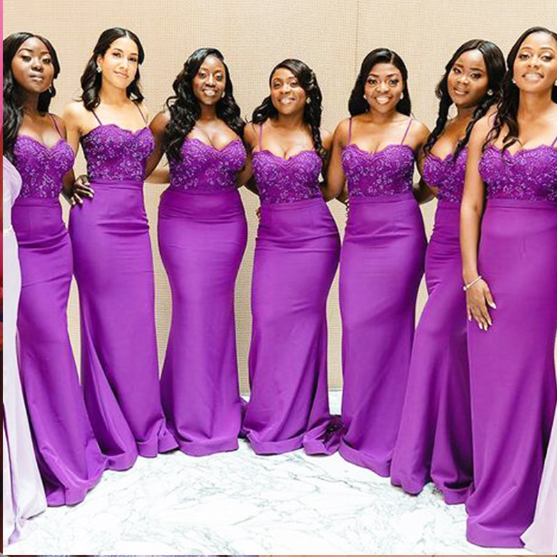 Elegant Dark Purple Satin SDpaghetti Straps Sequin Mermaid Long Cheap Elegant Bridesmaid Dresses , BDS0154