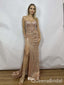 Sexy Champagne  Spaghetti Strap Sequin Mermaid Lace Up Back Side Slit Long Prom Dresses,WGP428