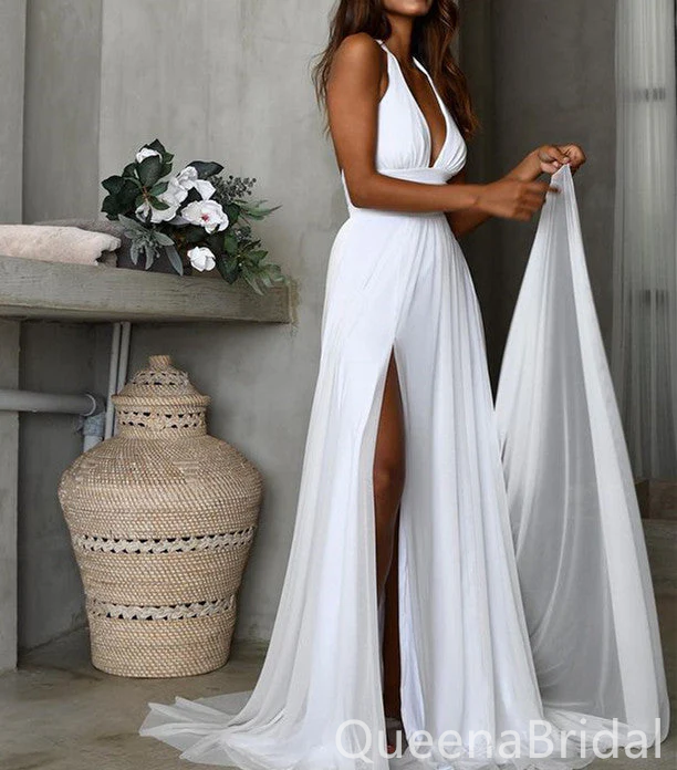 Halter White Plunging A-line Beach Wedding Dresses,Long Prom Dresses to Impress ,WGP1323