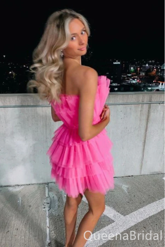 Unique Pink Strapless Layer Graduation Party Short Homecoming Dresses with Ruffles ,QB0715