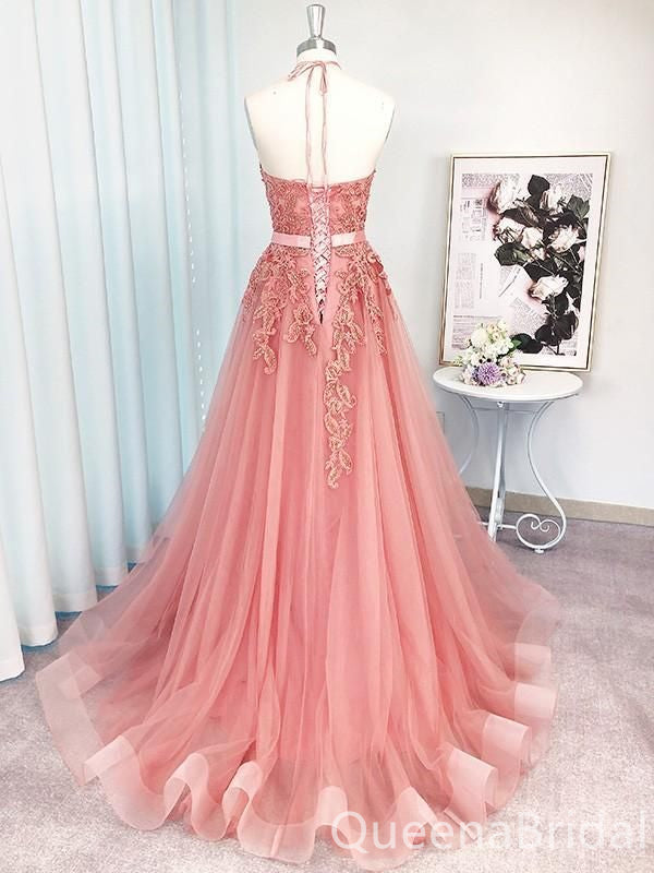 Pink Halter Lace Appliques A-line Evening Gown Maxi Long Evening Party Prom Dresses ,WGP1124