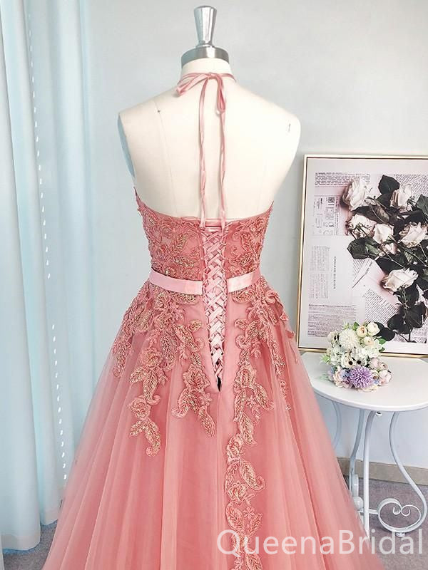 Pink Halter Lace Appliques A-line Evening Gown Maxi Long Evening Party Prom Dresses ,WGP1124