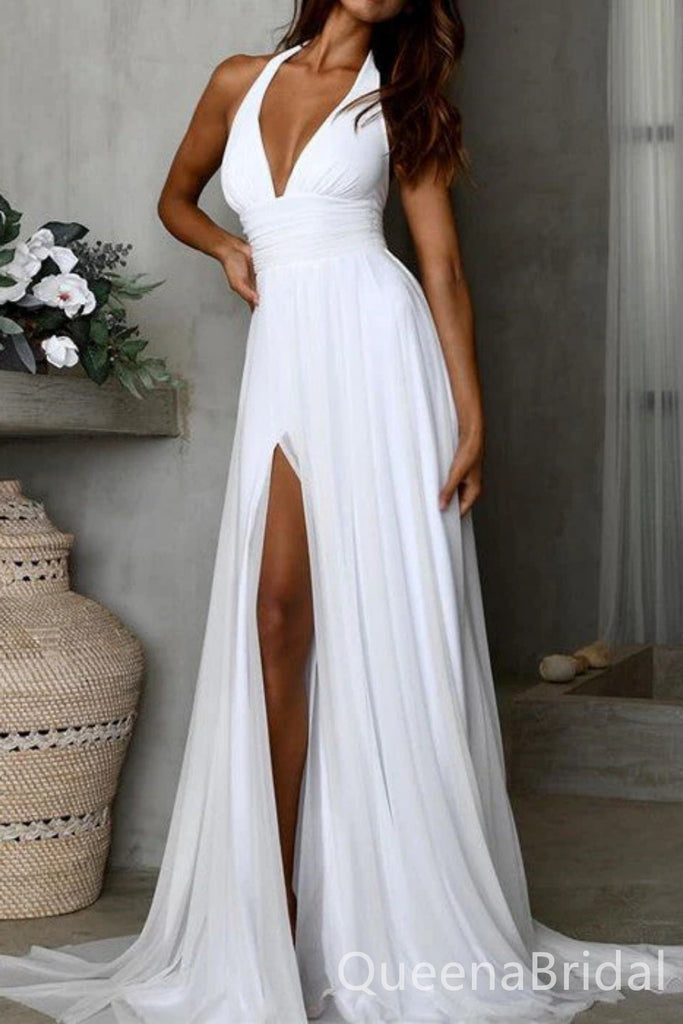 Halter White Plunging A-line Beach Wedding Dresses,Long Prom Dresses to Impress ,WGP1323