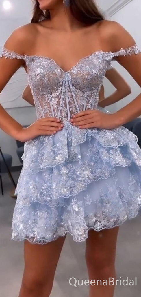 Sparkly Sexy Sweetheart Off Shoulder Lace Appliques Tiered Short Homecoming Dresses with Ruffles, QB0593