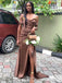 Elegant Off Shoulder Brown Side Slit V Neck Mermaid Long Party Dress Prom Dresses ,WGP1828