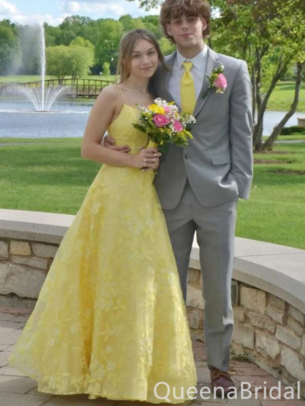 party dresses yellow Elegant Yellow Spaghetti Straps A-line Long Party Dress Prom Dresses , – QueenaBridal