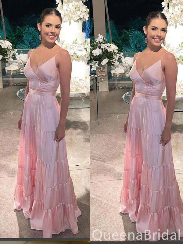 Elegant Pink V Neck Spaghetti Straps A-line Long Party Dress Prom Dresses ,WGP1836