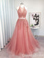 Pink Halter Lace Appliques A-line Evening Gown Maxi Long Evening Party Prom Dresses ,WGP1124