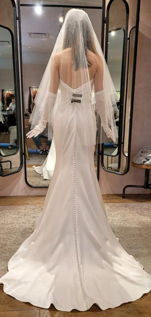 Elegant White Spaghetti Strap A-Line Pleats Detachable Train Long Wedding Dresses,WGP215