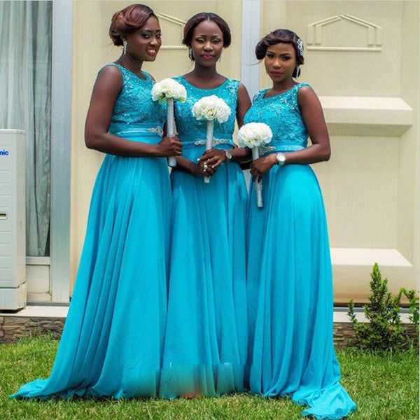 Elegant Blue Lace Appliques Chiffon Simple Cheap A-Line Long Bridesmaid Dresses, BDS0228