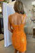 Sparkly Orange Sequin V Neck Spaghetti Straps Sheath Simple Cheap Short Homecoming Dresses, QB0446