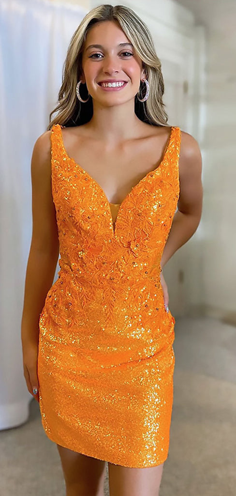 Sparkly Orange Sequin V Neck Spaghetti Straps Sheath Simple Cheap Short Homecoming Dresses, QB0446