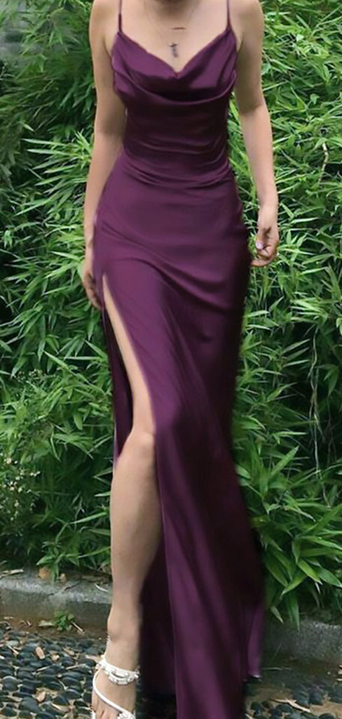 Elegant Dark Purple Spaghetti Straps V Neck Side Slit Mermaid Sleeveless Cheap Simple Evening Prom Dresses,WGP529