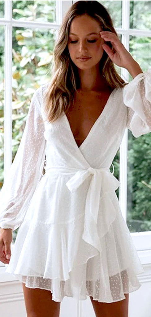 Elegant White V Neck Long Sleeves Ruffles Simple Cheap Short Homecoming Dresses,QB0396